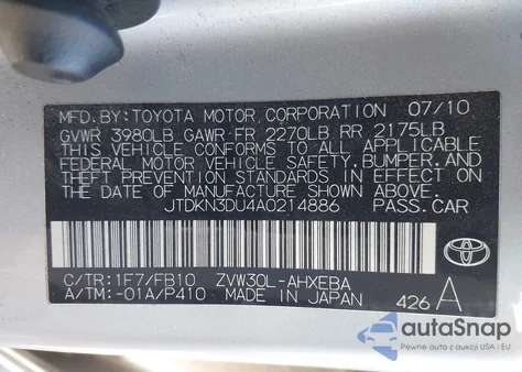 2010 Toyota Prius Iii z USA, uszkodzony, nr VIN JTDKN3DU4A0214886